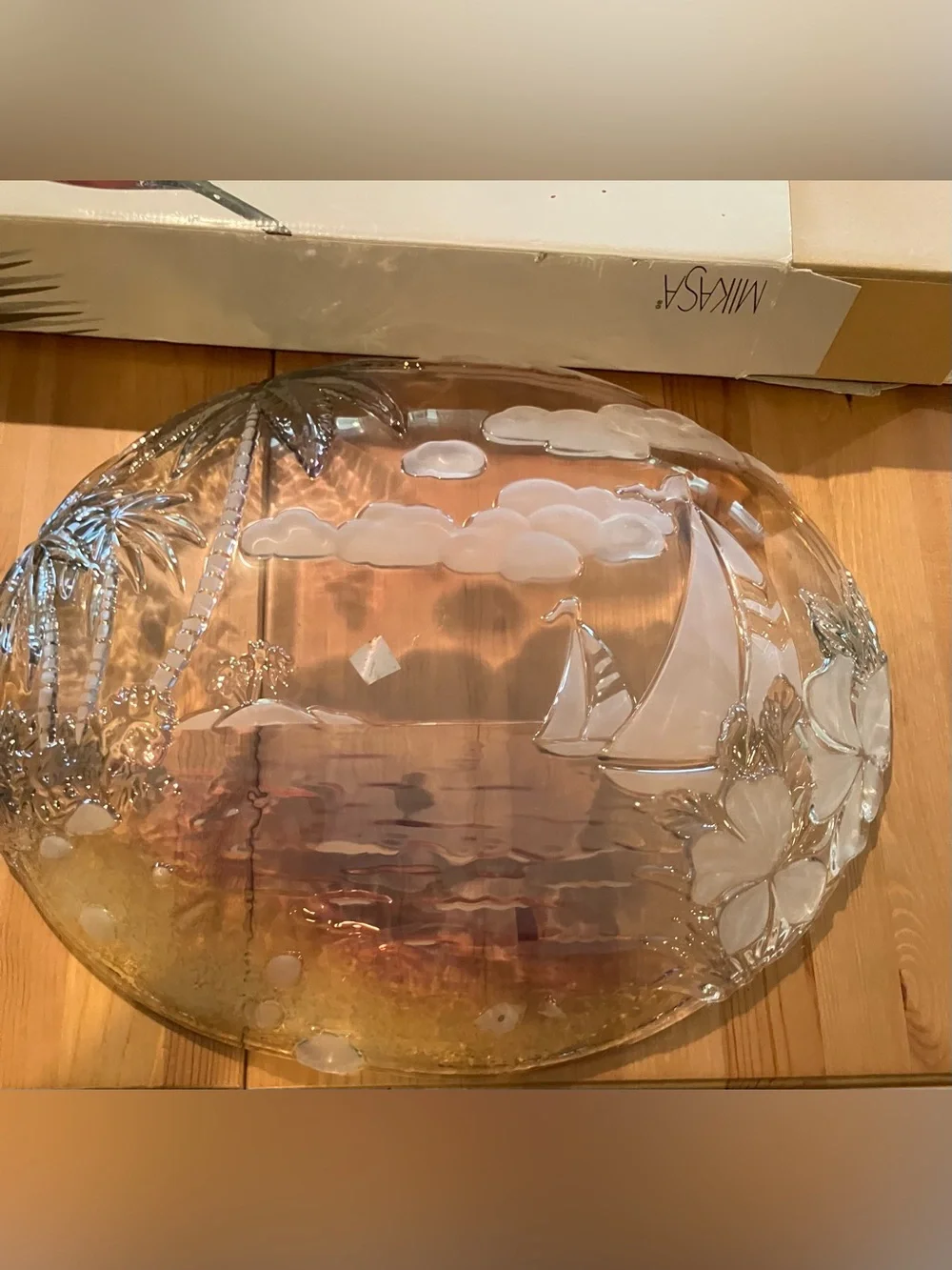 Never used Mikasa Vintage Sunset Bay Hostess Glass Sailboat Platter 18.5”
